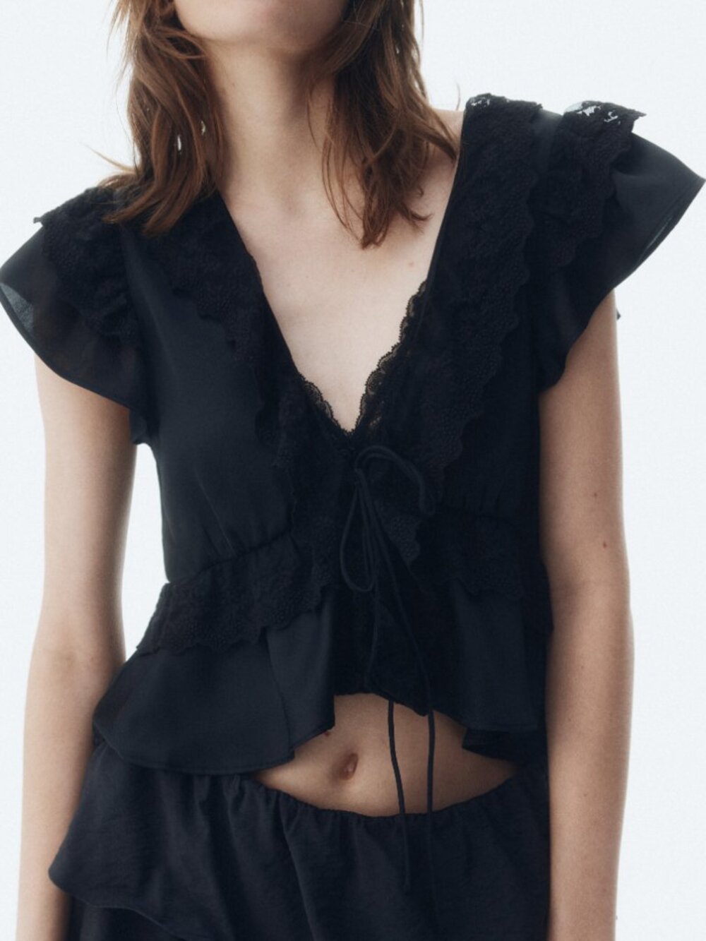 NWT H & M Flounce-Trimmed Satin Blouse